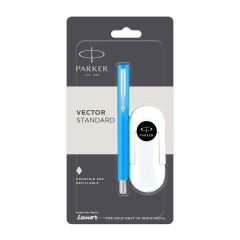 Parker Vector  Standard Fountain Pen Chrome Trim Fine Nib Blue Body Color +3 Free Ink Cartridge