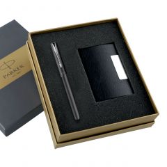 Parker Frontier Fountain Pen, Refillable, Chrome Trim, Matte Black with Free Card Holder (1 Count, Ink - Blue), Perfect for Gifting, Sleek Pen for Writers