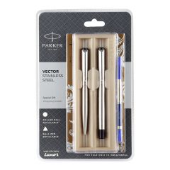 Parker Vector Stainless Steel  Chrome Trim Roller Ball Pen+Ball Pen