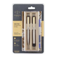 Parker Vector Stainless Steel Gold Trim Roller Ball Pen+Ball Pen