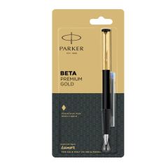 Parker Beta Premium Fountain Pen, Refillable, Chrome Trim, Gold with Free Ink Cartridge (1 Count, Ink - Blue), Perfect for Gifting, Luxurious Pen for Writers