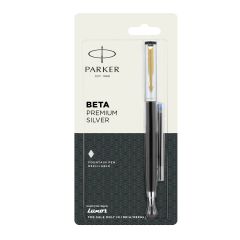 Parker Beta Premium Fountain Pen Gold Trim Silver Finish Cap + 1 Ink Cartridge Free